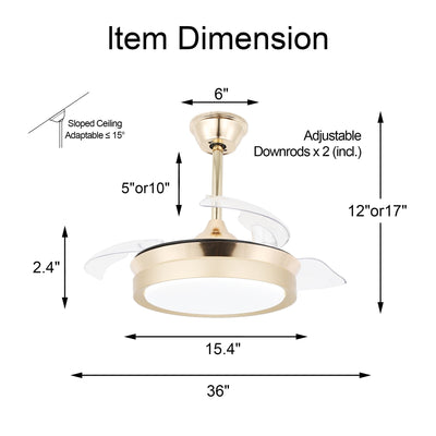 Ventilateur de plafond rétractable moderne Bella Depot 36 avec éclairage LED, pales réversibles à 6 vitesses et télécommande