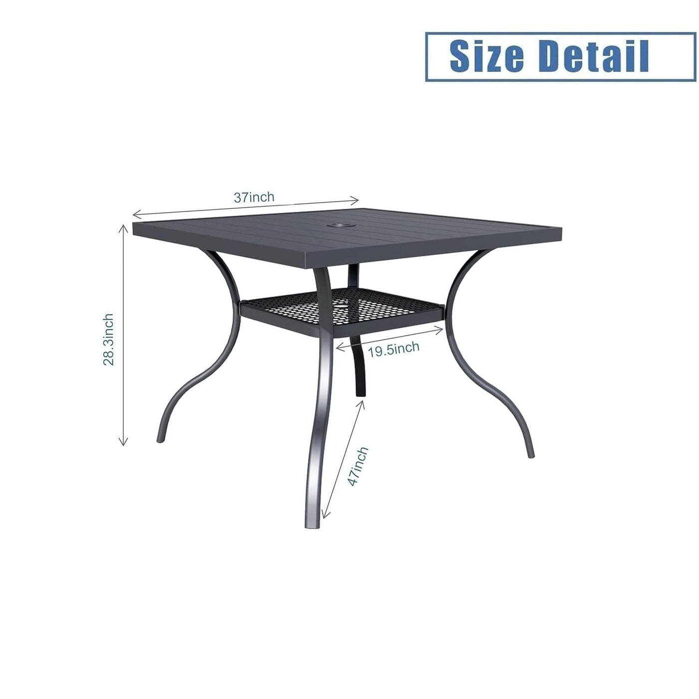 Table à manger rectangulaire en métal pour patio extérieur 60 x 37 avec trou pour parasol pour 6 personnes