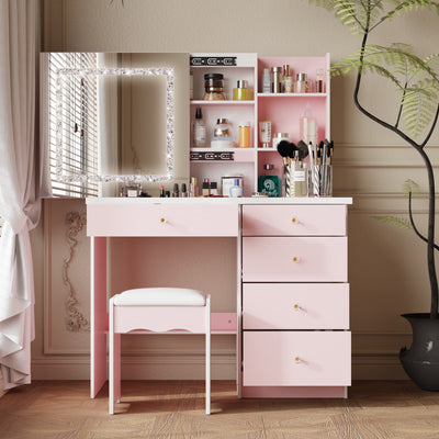 Ensemble de coiffeuse de maquillage de 39,4 po de large avec tabouret et miroir