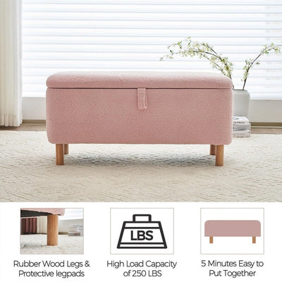 Banc ottoman de rangement en sherpa blanc cassé, repose-pieds, pour salon, chambre à coucher, pieds en bois