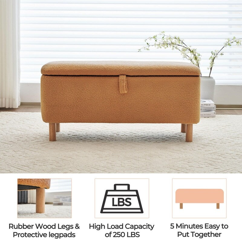 Banc ottoman de rangement en sherpa blanc cassé, repose-pieds, pour salon, chambre à coucher, pieds en bois