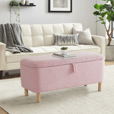 Banc ottoman de rangement en sherpa blanc cassé, repose-pieds, pour salon, chambre à coucher, pieds en bois