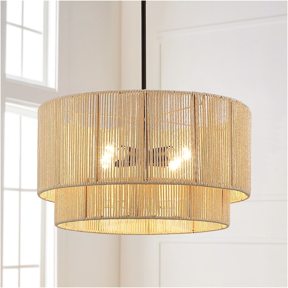 Lustre tambour à 4 lumières en rotin avec auvent noir - 22 po de largeur