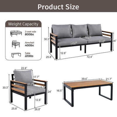 Ensemble de canapés d'extérieur 4 pièces pour 5 personnes avec coussin amovible et table basse en bois massif