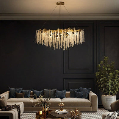 Lustre rectangulaire en cristal doré moderne de 40 po, branches d'arbre, luminaire suspendu pour îlot de cuisine, salle à manger