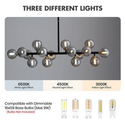 Lustre linéaire moderne du milieu du siècle de 40 po, suspension Spoutnik à 16 ampoules en laiton doré avec globe en verre dépoli pour salle à manger