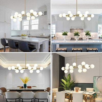 Lustre linéaire moderne du milieu du siècle de 40 po, suspension Spoutnik à 16 ampoules en laiton doré avec globe en verre dépoli pour salle à manger