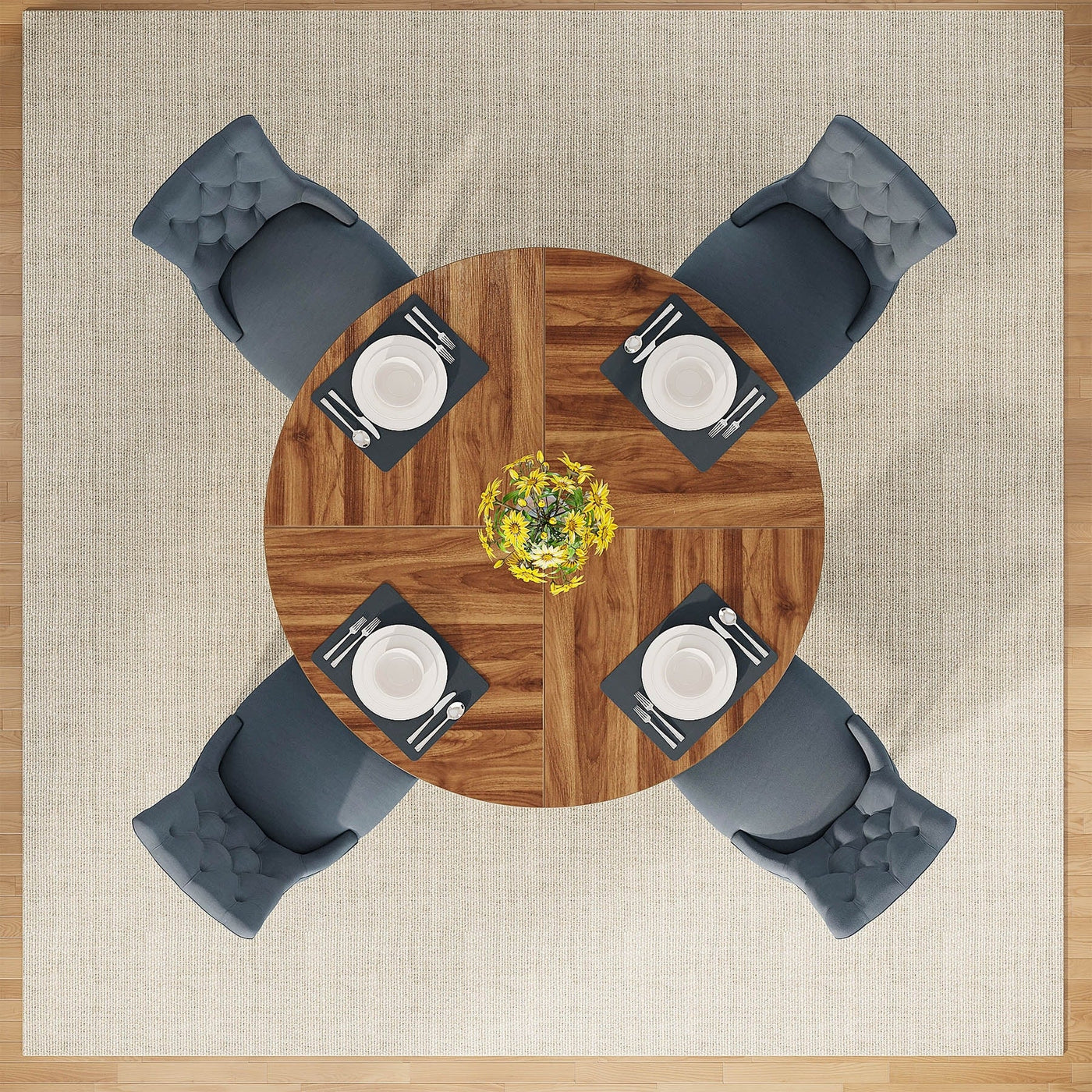 Table à manger ronde 47 pouces pour 4 personnes, table de cuisine de style campagnard, petite table à dîner en bois pour salle à manger et salon