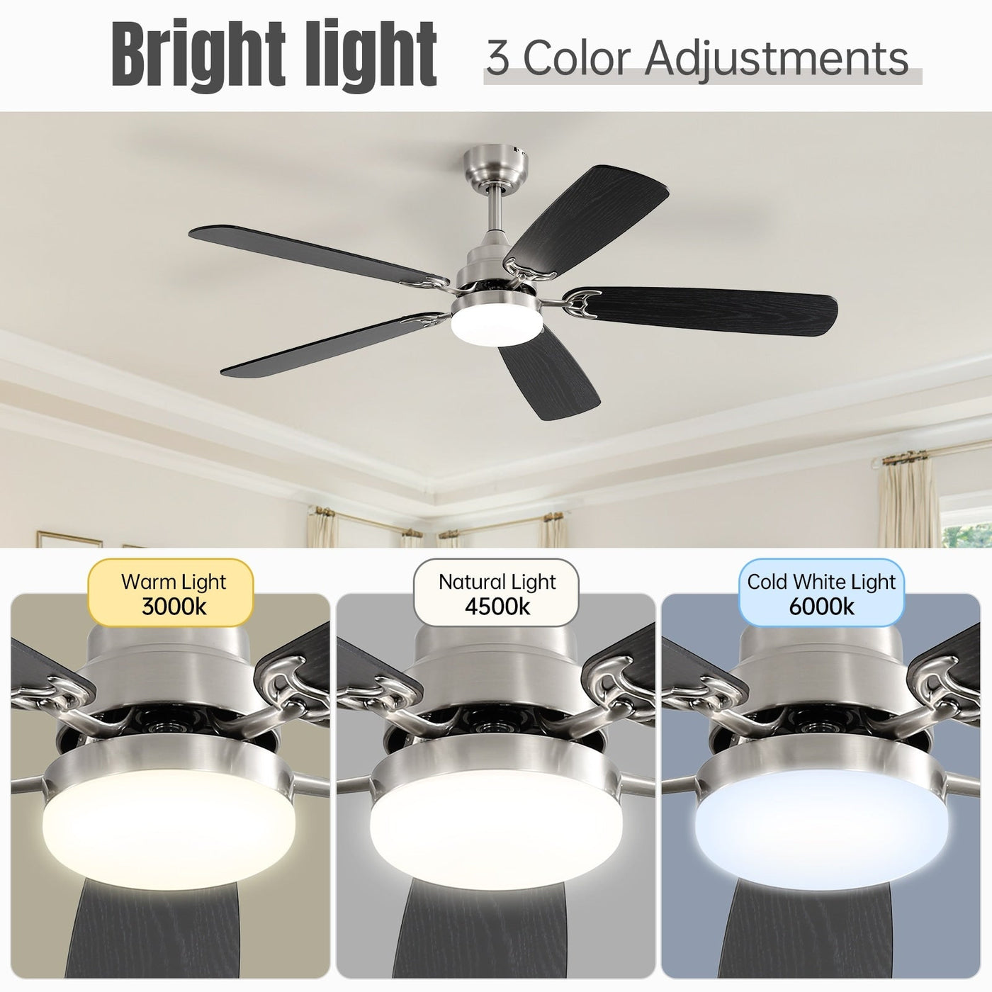 Ventilateur de plafond à LED intégré 48 et 52 pouces avec lumière et télécommande, moteur CC réversible