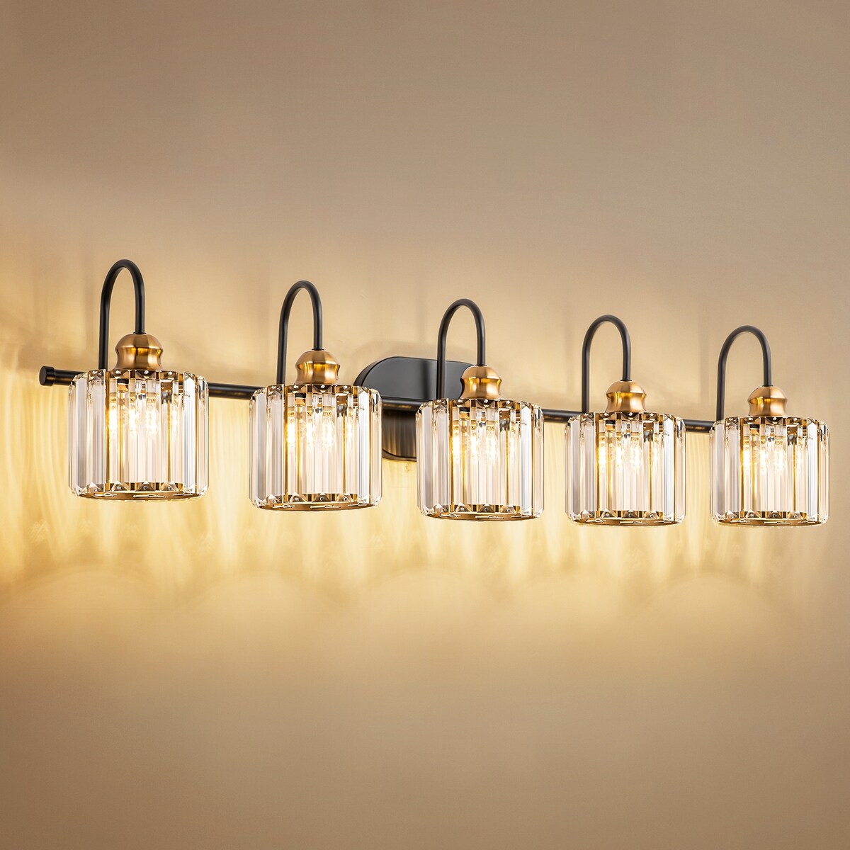 Luminaires de salle de bain en cristal à 5 ​​lumières, style glamour, linéaires et à intensité variable, avec abat-jour cylindrique en cristal