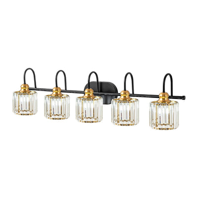 Luminaires de salle de bain en cristal à 5 ​​lumières, style glamour, linéaires et à intensité variable, avec abat-jour cylindrique en cristal