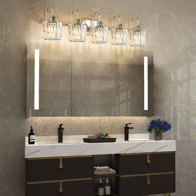 Luminaires de salle de bain en cristal à 5 ​​lumières, style glamour, linéaires et à intensité variable, avec abat-jour cylindrique en cristal