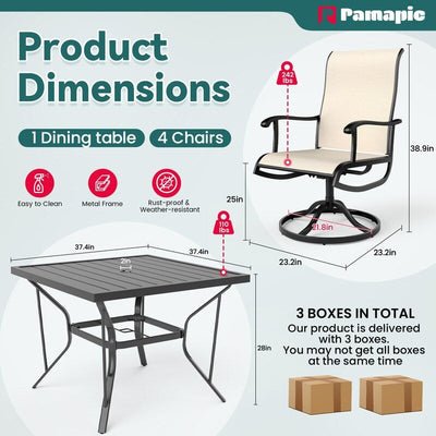 Ensemble de salle à manger d'extérieur en métal 5 pièces avec table carrée et chaises pivotantes en textilène