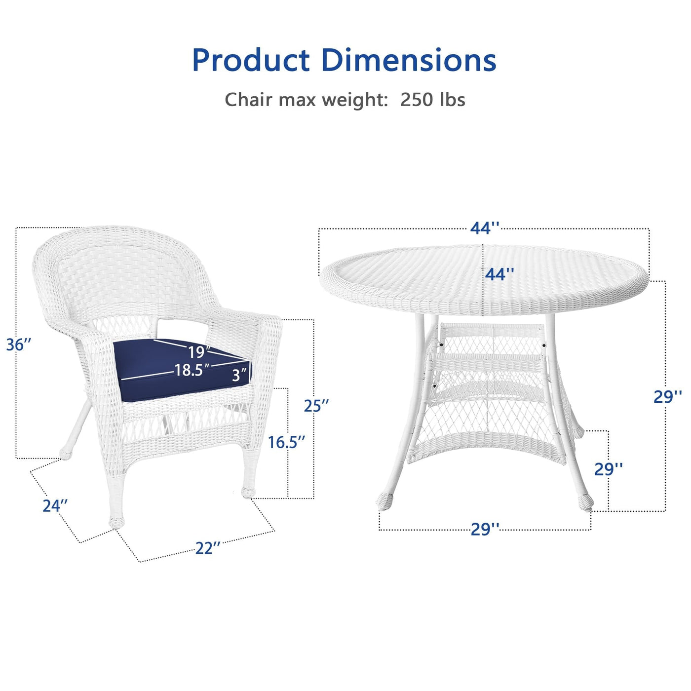 Ensemble de salle à manger en résine tressée blanche 5 pièces