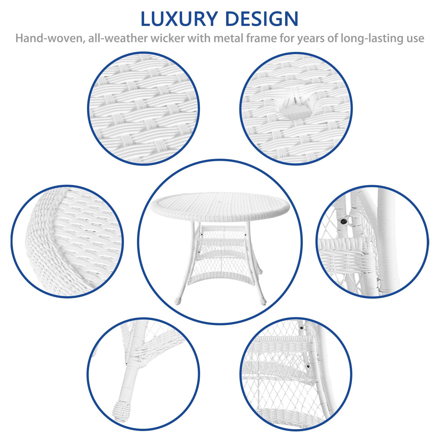 Ensemble de salle à manger en résine tressée blanche 5 pièces