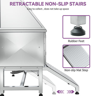 Baignoire de toilettage réglable en acier inoxydable de 50 po de largeur avec rampe - Argent