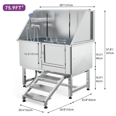 Baignoire de toilettage réglable en acier inoxydable de 50 po de largeur avec rampe et marches