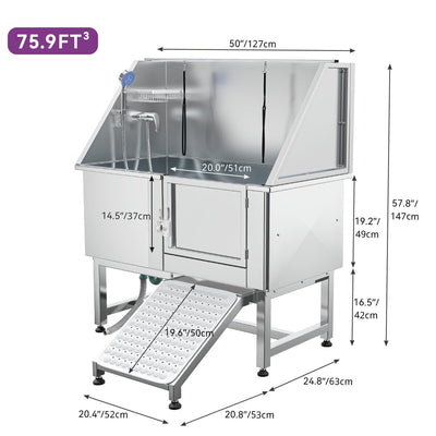 Baignoire de toilettage réglable en acier inoxydable de 50 po de largeur avec rampe et marches