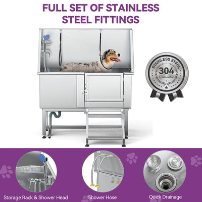 Baignoire de toilettage réglable en acier inoxydable de 50 po de largeur avec rampe et marches