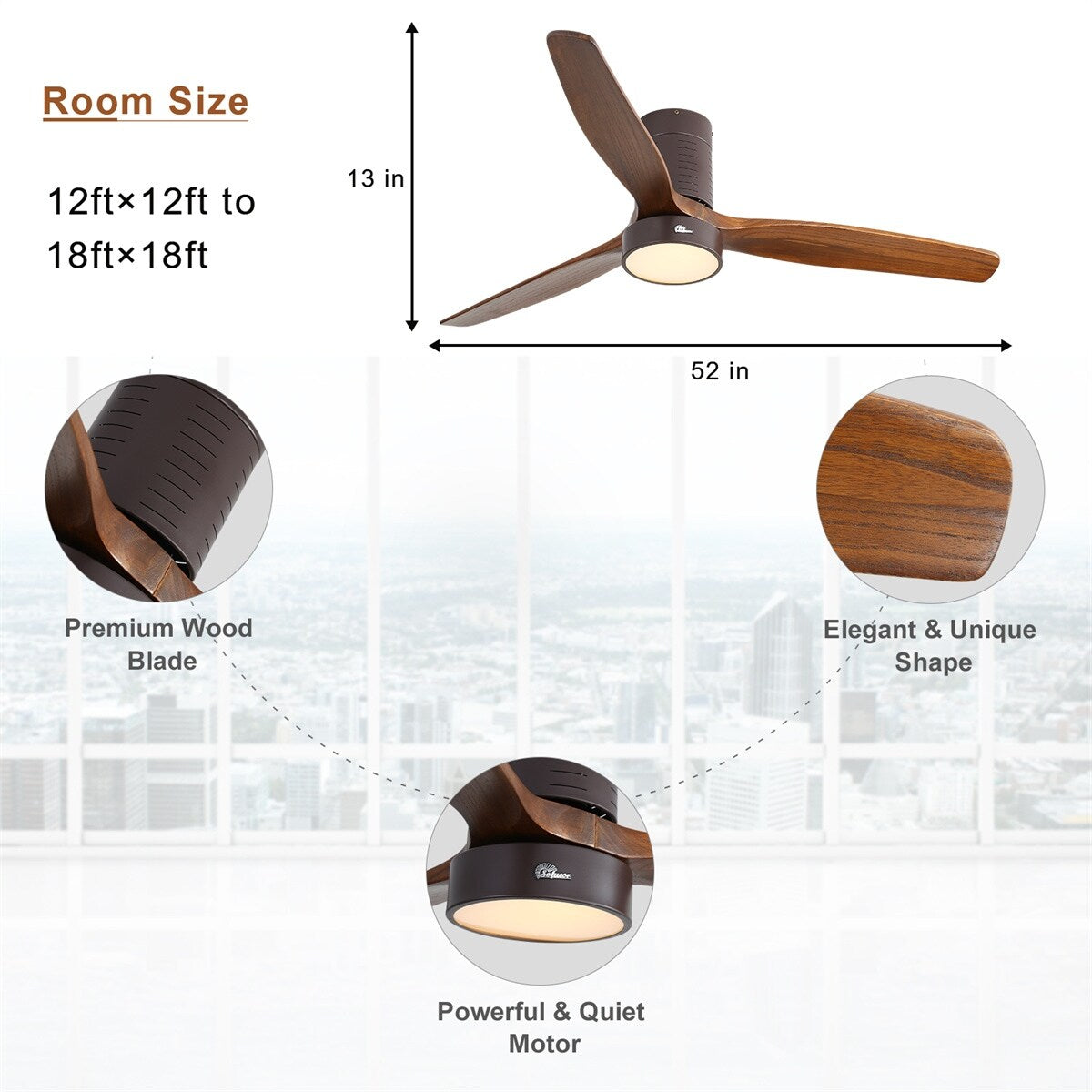 Ventilateur de plafond encastré de style campagnard de 52 pouces avec éclairage et télécommande, moteur CC réversible