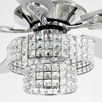 Ventilateur de plafond moderne en cristal et bois chromé de 52 pouces, 5 pales, avec télécommande