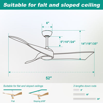 Ventilateur de plafond moderne en bois massif/ABS de 52 pouces avec télécommande (sans lumière), 6 vitesses de vent, flux d'air réversible