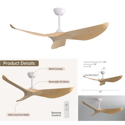 Ventilateur de plafond moderne en bois massif/ABS de 52 pouces avec télécommande (sans lumière), 6 vitesses de vent, flux d'air réversible