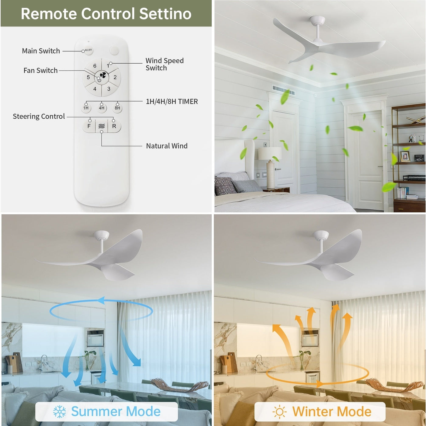 Ventilateur de plafond moderne en bois massif/ABS de 52 pouces avec télécommande (sans lumière), 6 vitesses de vent, flux d'air réversible