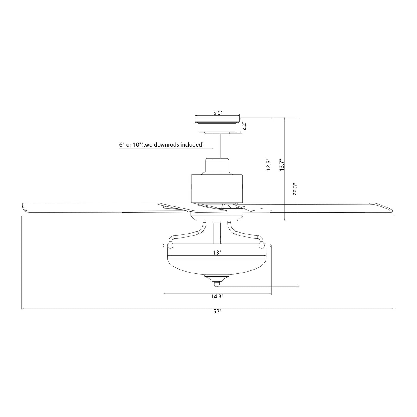 Ventilateur de plafond réversible en bois de 52 pouces, 5 pales et 3 lumières, avec télécommande