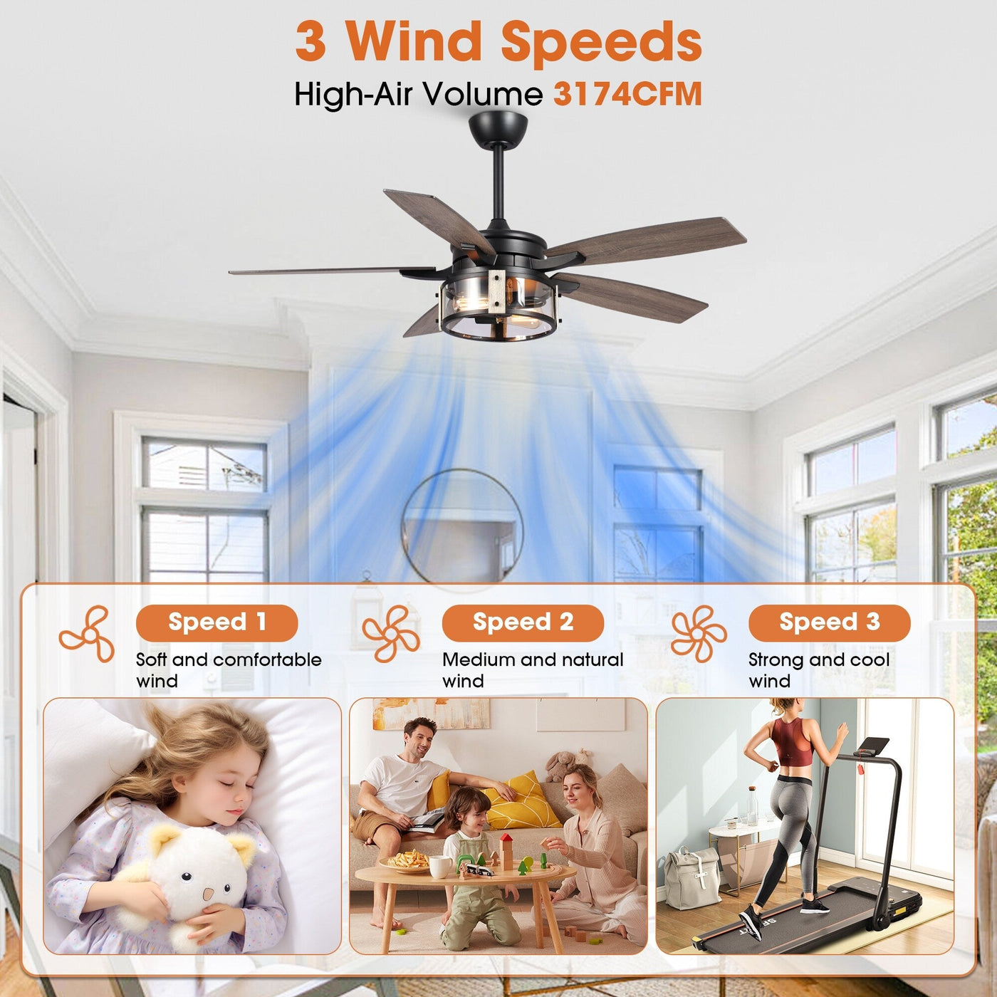 Ventilateur de plafond d'intérieur rustique en bois noir à 5 pales avec télécommande