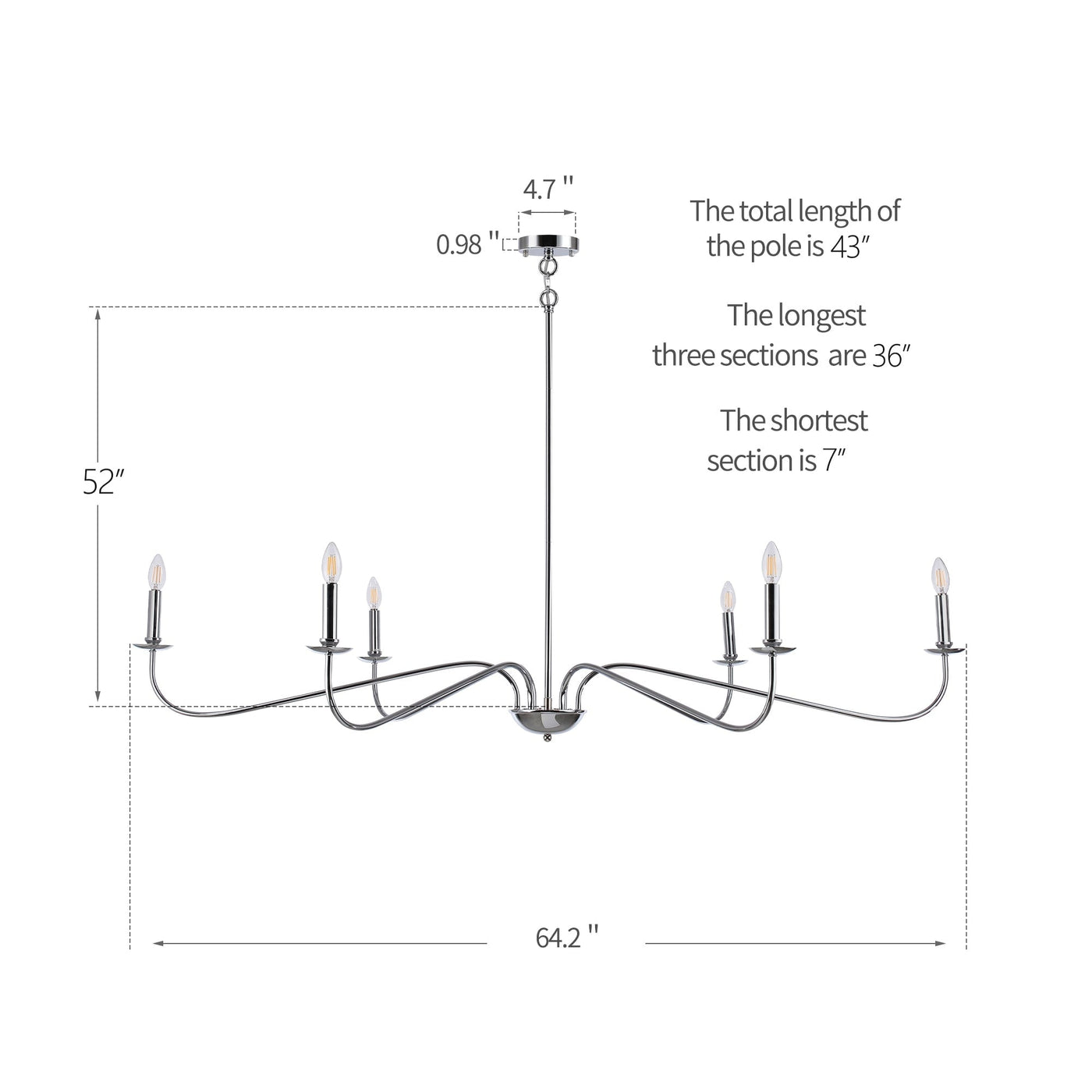Lustre minimaliste à 6 lumières de 64 pouces, noir mat, or et chrome - N/A