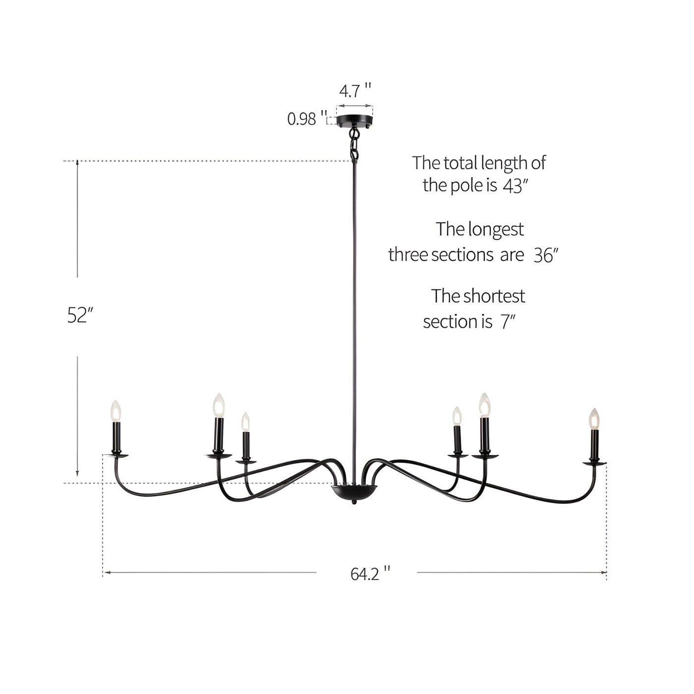 Lustre minimaliste à 6 lumières de 64 pouces, noir mat, or et chrome - N/A