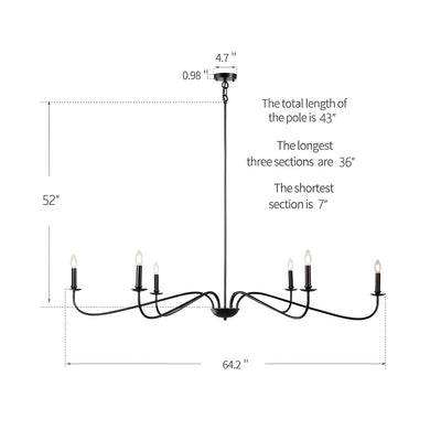 Lustre minimaliste à 6 lumières de 64 pouces, noir mat, or et chrome - N/A