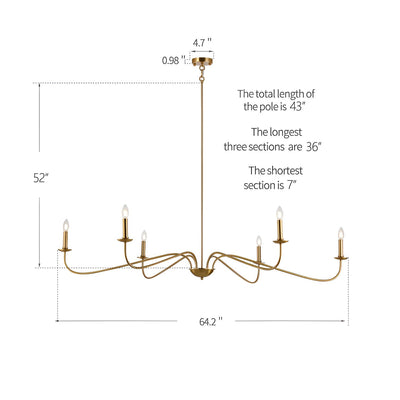 Lustre minimaliste à 6 lumières de 64 pouces, noir mat, or et chrome - N/A