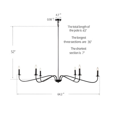 Lustre minimaliste français classique à 6 lumières avec éclairage de style bougie