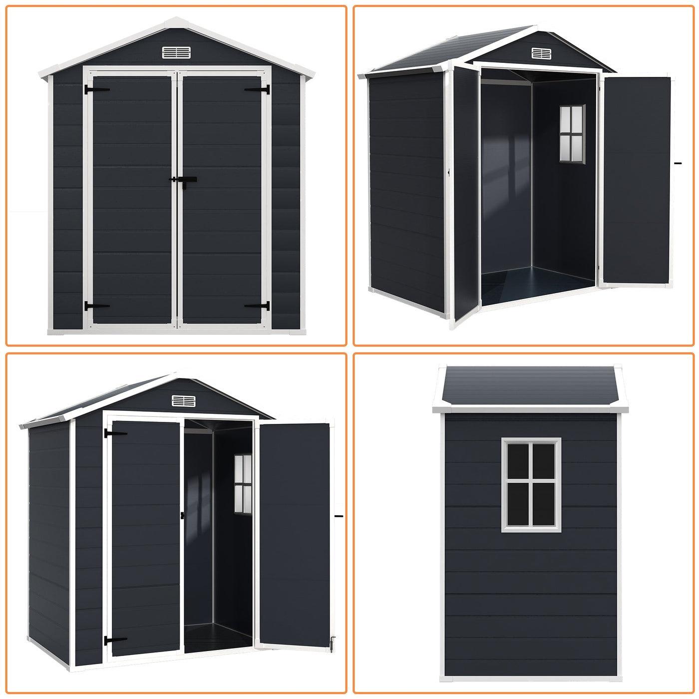 Abri de rangement extérieur en plastique et résine toutes saisons de 6 pi x 4 pi/6 pi x 8 pi/8 pi x 6 pi/8 pi x 10 pi avec plancher, abri à outils Spire