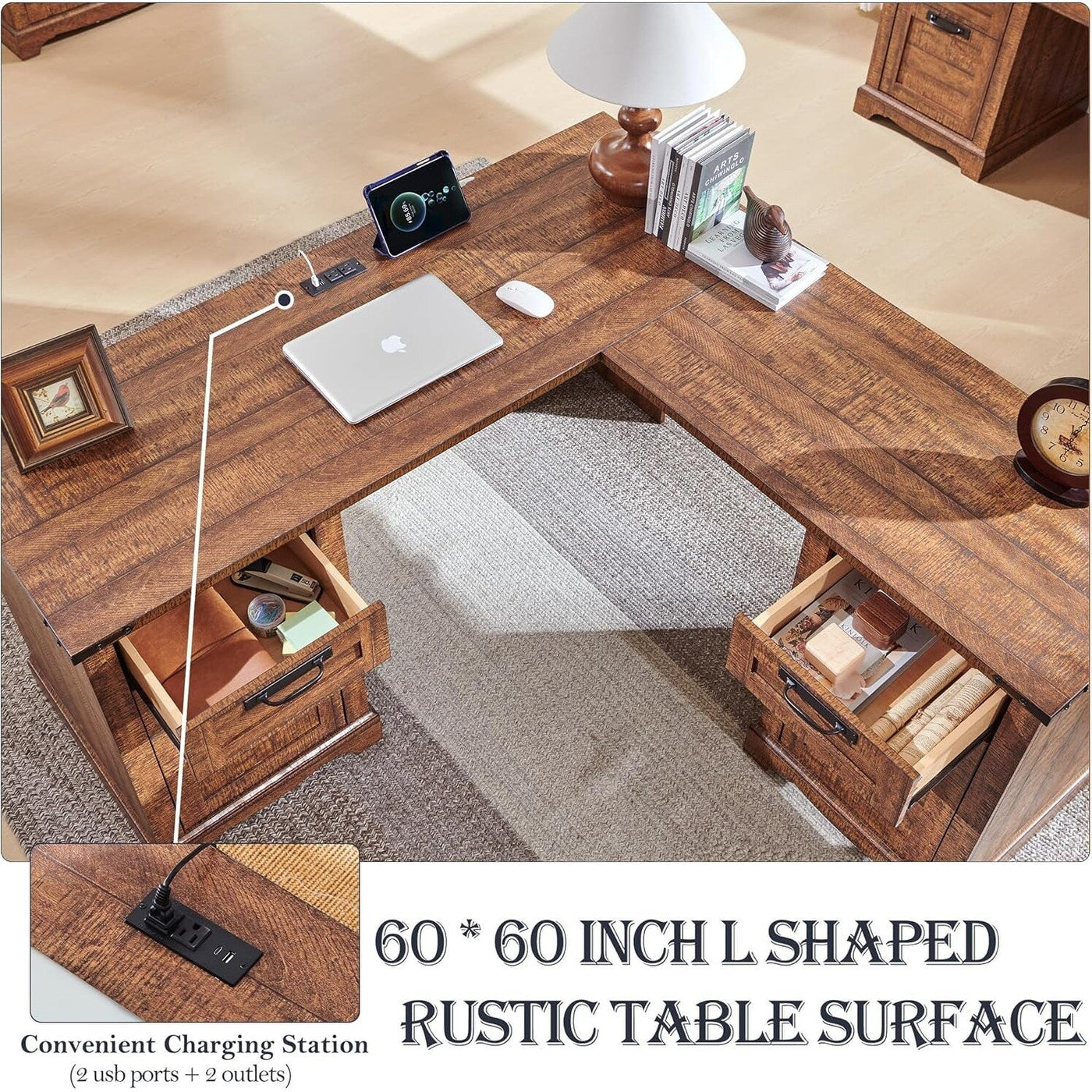 Bureau de direction en L de style ferme, bureau d'angle en bois, bureau d'ordinateur