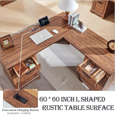 Bureau de direction en L de style ferme, bureau d'angle en bois, bureau d'ordinateur