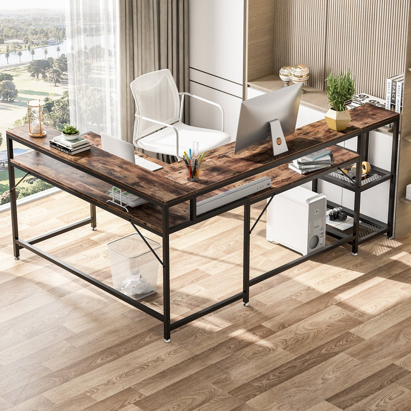 Bureau en L avec étagère pour écran, bureau d'angle réversible pour bureau à domicile 69