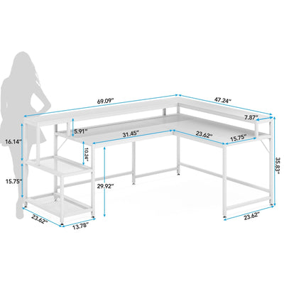 Bureau en L avec étagère pour écran, bureau d'angle réversible pour bureau à domicile 69
