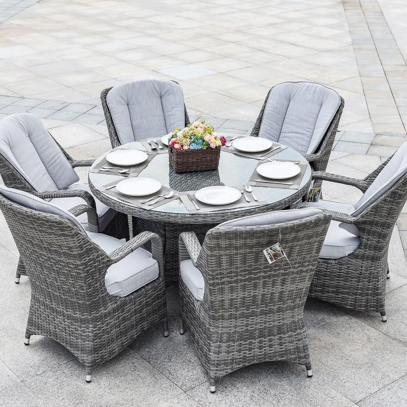 Ensemble de salle à manger rond en rotin et osier pour patio extérieur 7 pièces avec coussins par Moda Furnishings
