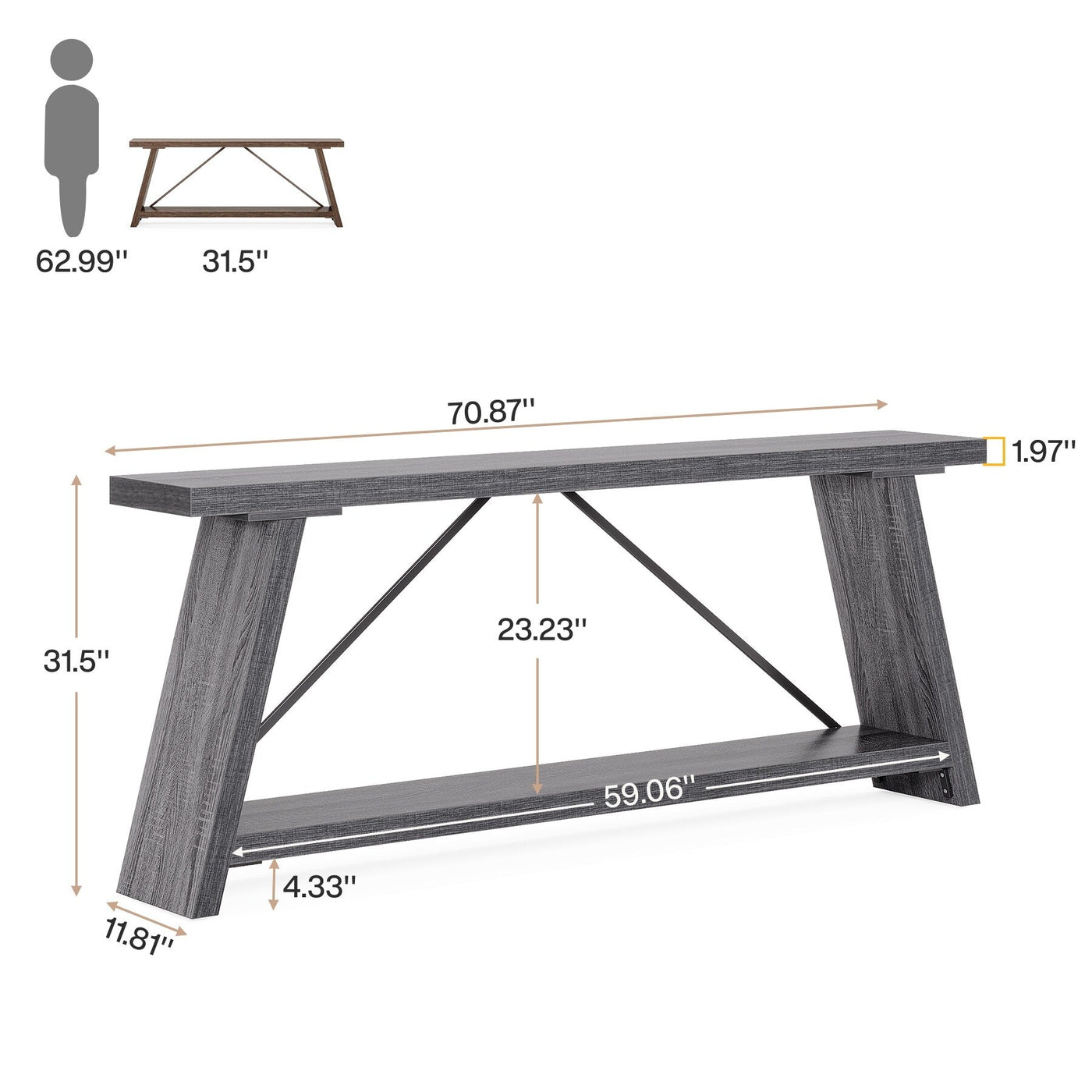 Console de canapé en bois rustique de 70,9 pouces de long avec étagère de rangement