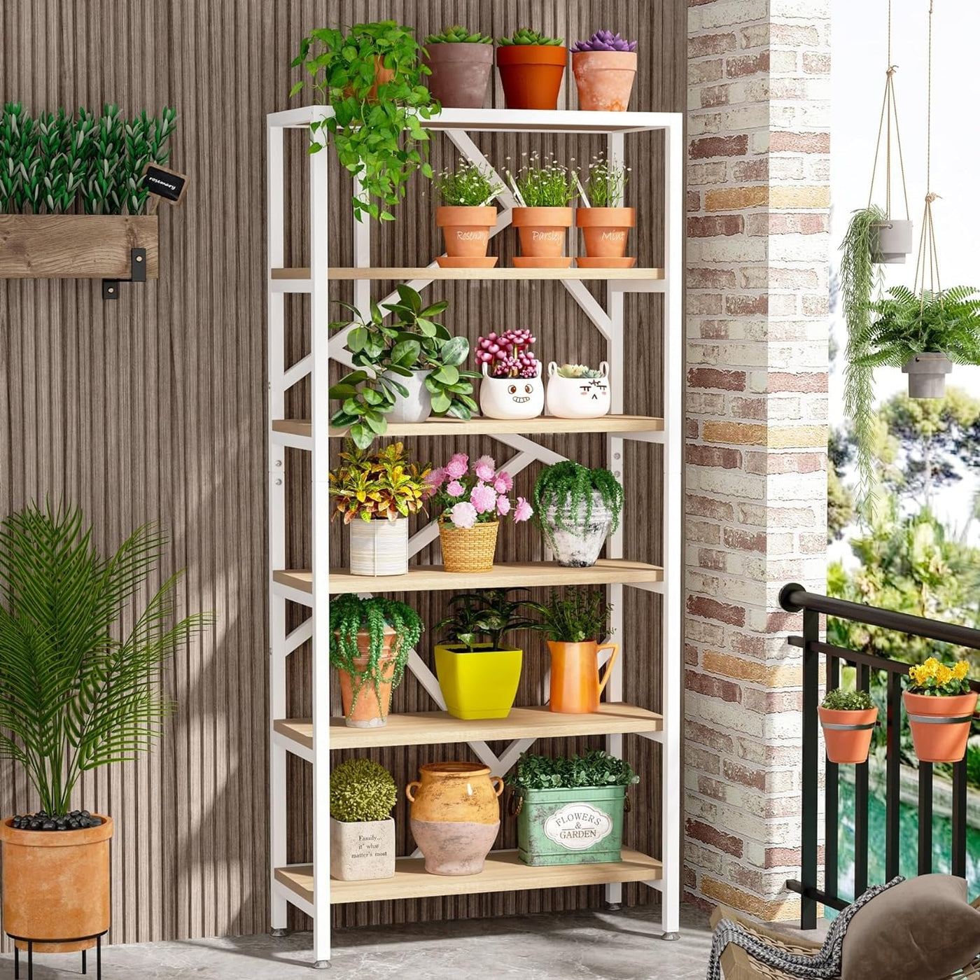 Bibliothèque industrielle 71, étagère à 6 niveaux en bois brun rustique, étagères à livres ouvertes