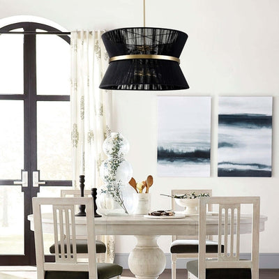 Lustre tambour bohème moderne à 8 lumières, grand format, 61 cm, en tissu tissé à la main, couleur or/noir, pour salle à manger/salon