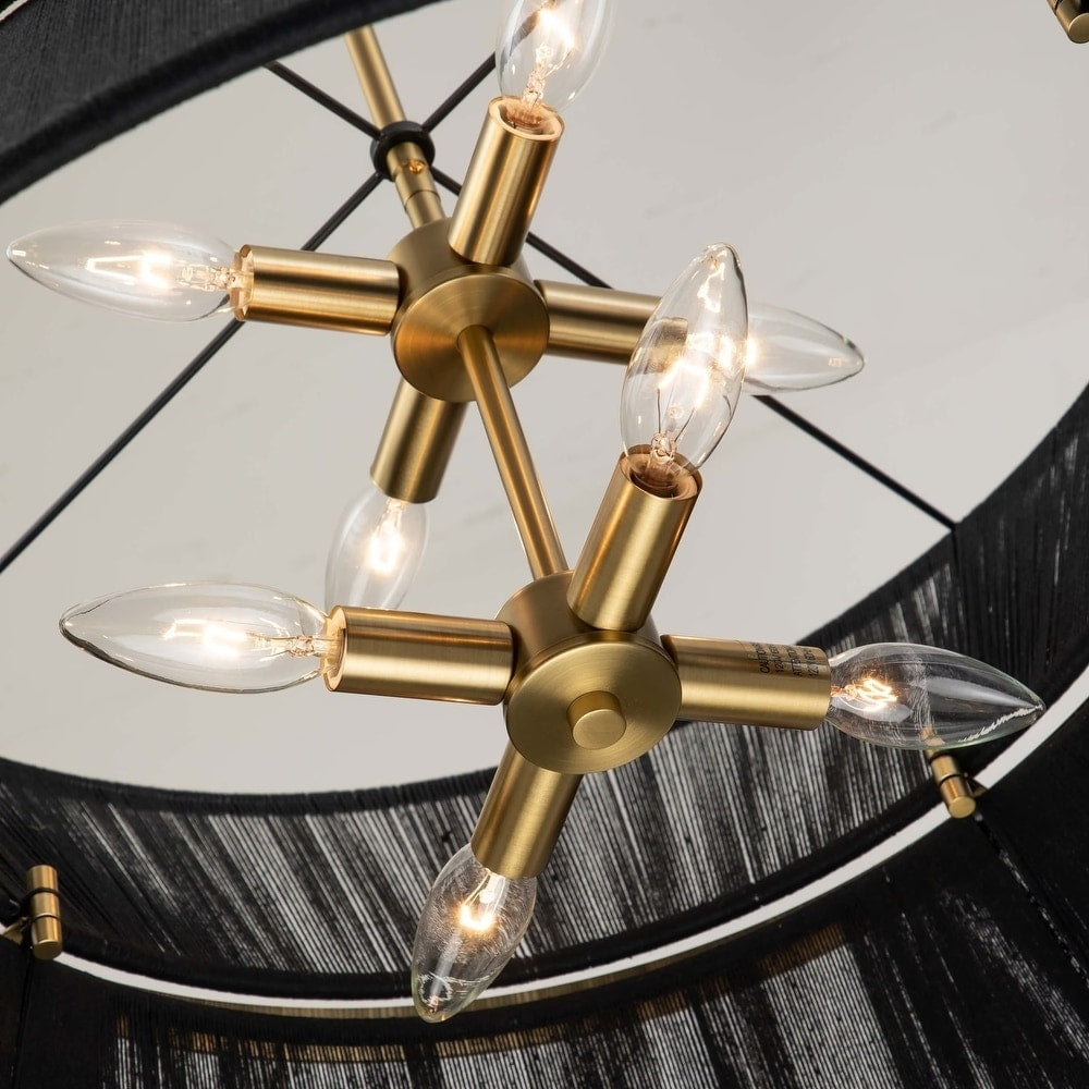 Lustre tambour bohème moderne à 8 lumières, grand format, 61 cm, en tissu tissé à la main, couleur or/noir, pour salle à manger/salon