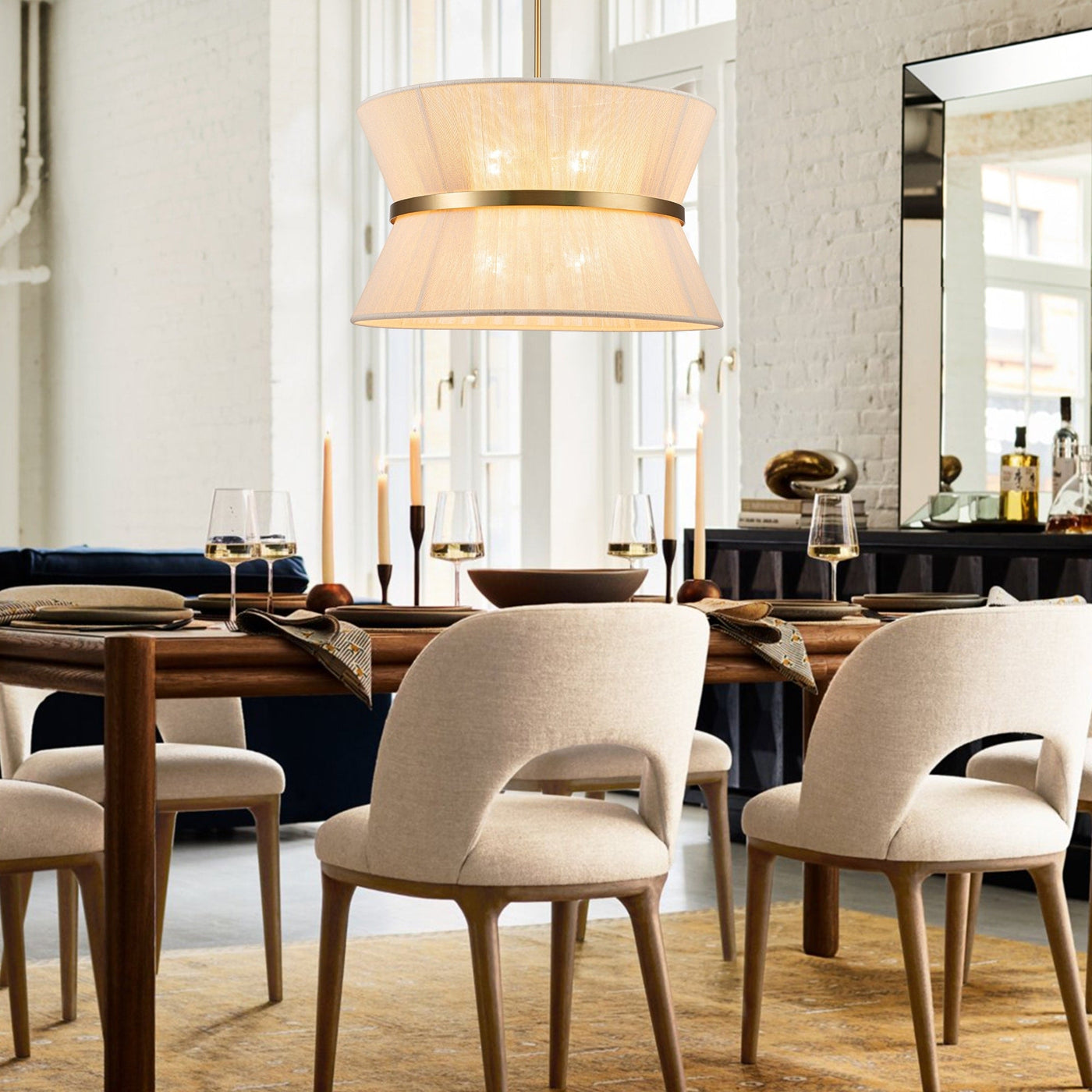 Lustre tambour bohème moderne à 8 lumières, grand format, 61 cm, en tissu tissé à la main, couleur or/noir, pour salle à manger/salon