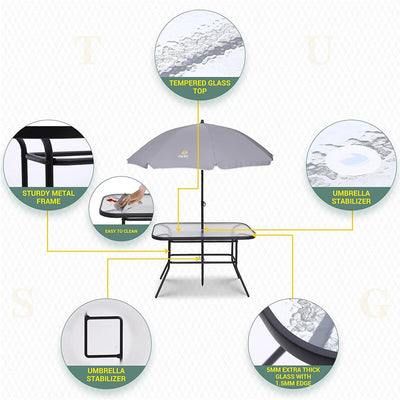 Ensemble de salle à manger de jardin 8 pièces, table de jardin d'extérieur avec parasol amovible, table en verre et 6 chaises pliantes