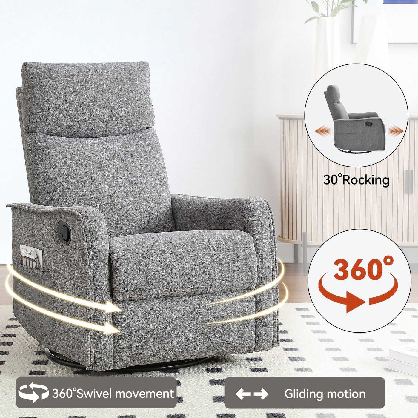 Fauteuil inclinable manuel à 8 points de massage, fauteuil à bascule pivotant en tissu, fauteuil simple avec bascule et chauffage lombaire