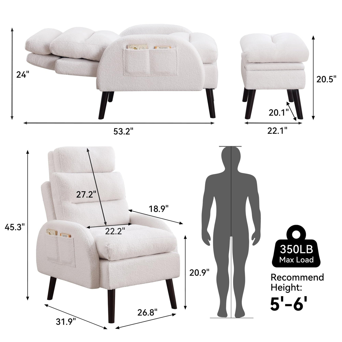 Fauteuil d'appoint HOMYKA avec dossier réglable et pouf de rangement