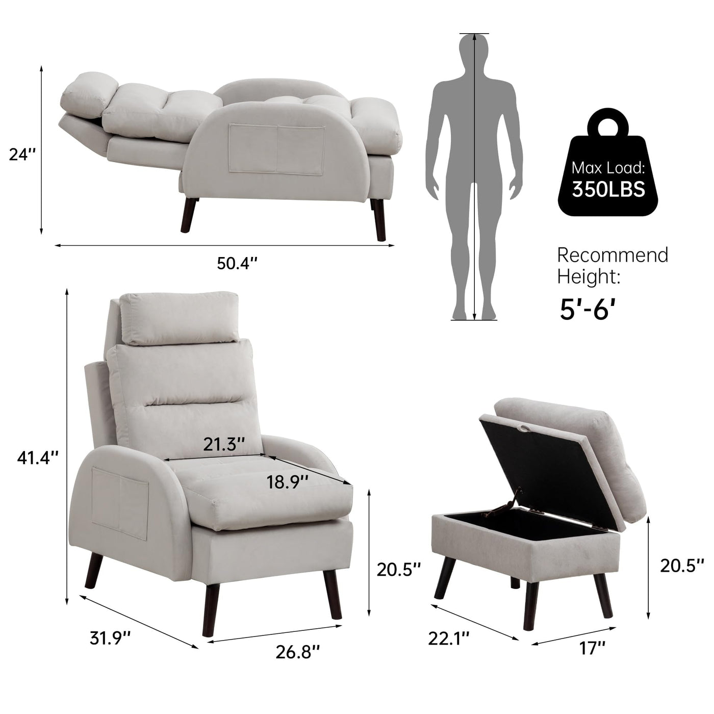 Fauteuil d'appoint HOMYKA avec dossier réglable et pouf de rangement
